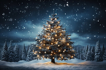 A lit christmas tree in a snowy landscape