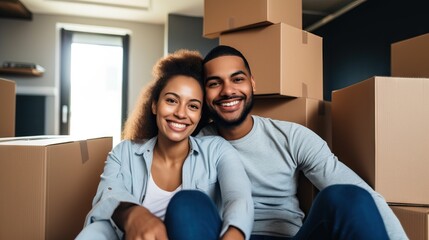 Diverse couple sitting amidst boxes taking a selfie in their new home.