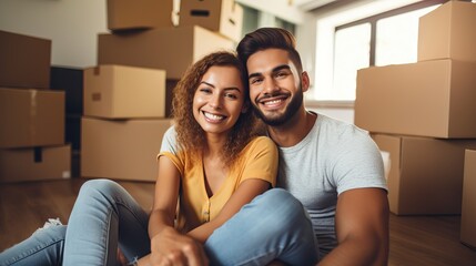 Newly moved-in couple sitting on the floor surrounded by boxes, taking a selfie.
