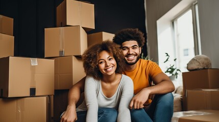Newly moved-in couple sitting on the floor surrounded by boxes, taking a selfie.