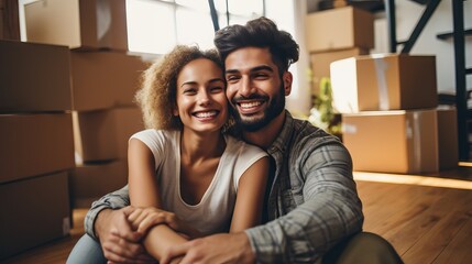 Fototapeta premium Newly moved-in couple sitting on the floor surrounded by boxes, taking a selfie.