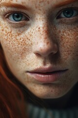 Obraz premium A close-up of a freckled redhead woman, showcasing her unique and charming features.