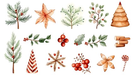 Set of christmas watercolor elements. Holidays clipart for christmas card, sticker and print. - Powered by Adobe