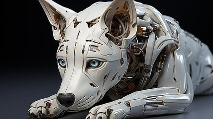 white dog robot, futuristic cyborg toy, abstract contrived graphics