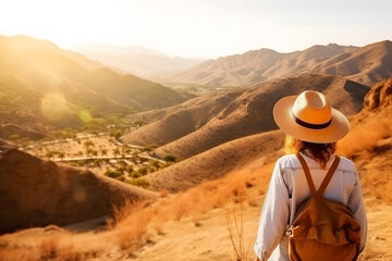 Woman photographer with big backpack taking photo of mountains and blue lake. Travel and hobby concept. Neural network AI generated art
