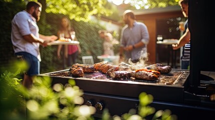 A social gathering with a grill, where people cook and savor mouthwatering meat