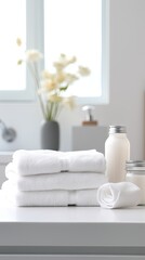 Fototapeta na wymiar Clean clothes await in a white washing machine next to a basket of towels.