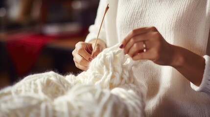 Obraz na płótnie Canvas Crafty woman knitting with colorful yarn at table
