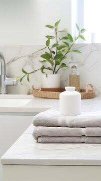 Clean clothes await in a white washing machine next to a basket of towels.