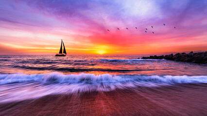 Sailboat Sunset Ocean Sea Colorful Nature Landscape Sailing Boat Inspirational Travel Journey 16:9