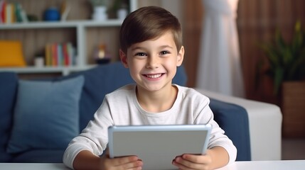 A joyful little kid explores the world of kids technology, smiling while using a tablet computer - obrazy, fototapety, plakaty