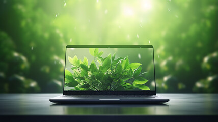 open laptop turned on against the background of green nature, eco-friendly concept new technologies green energy - obrazy, fototapety, plakaty