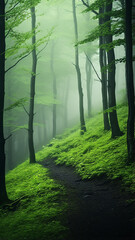 misty landscape in a fresh green spring forest, vertical panoramic view, trunks of green trees in the mist of the forest morning coolness