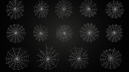 collection of isolated cobwebs on a black background, flat minimalism graphics, set of web illustrations