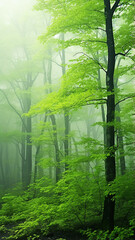 misty landscape in a fresh green spring forest, vertical panoramic view, trunks of green trees in the mist of the forest morning coolness