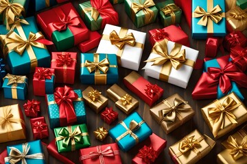 Transparent PNG available A collection of red, green, blue and gold gift wrapped Christmas, birthday or valentines presents with ribbon bows isolated against a transparent background-