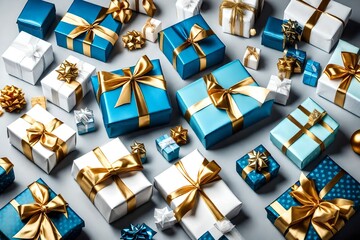 A collection of white and blue gift wrapped Christmas, birthday or valentines presents with gold ribbon bows isolated against a transparent background
