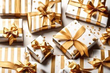 Side view of Christmas, birthday or valentine presents decorated in gold, golden spots and stripes with a gold ribbon bow isolated against a transparent background. - obrazy, fototapety, plakaty