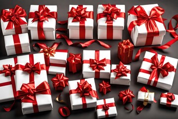 A collection of red and white gift wrapped presents with a red and gold ribbon bows isolated against a transparent backgroun