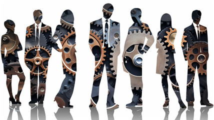 flat silhouettes of a group of people in a row on a white background, the concept of business teamwork, silhouettes filled with gears as a complex mechanism of teamwork - obrazy, fototapety, plakaty