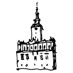 Obraz premium Medieval city hall in Chelmno, Poland. (Rathaus in Kulm or Culm, West Prussia.) Hand drawn linear doodle rough sketch. Black and white silhouette.