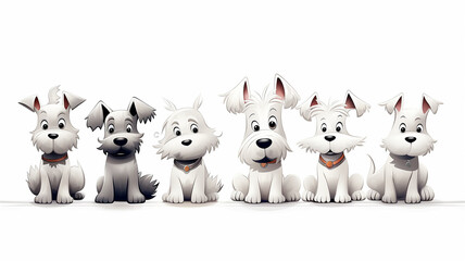 cartoon dogs sitting in a row isolated on a white background, sketch black and white style thin outline, layout for children's coloring book