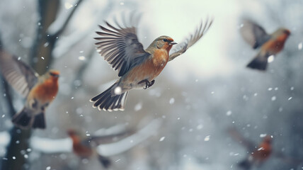 Obraz premium wildlife in winter, a flock of small colorful birds in flight in the winter air, songbirds