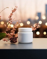 Obraz na płótnie Canvas Mock up of skincare jar. Isolated in cozy Scandinavian interior background with branches, winter blossom, lights. Beauty product packaging. Product photography. Holiday, winter celebration.