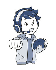 ゲーム実況する男の子（1トーン）