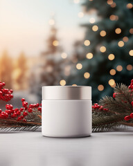 Mock up of glass skincare jar. Isolated in Scandinavian Christmas winter background with trees, holly berry, lights. Beauty product packaging. Product photography. Holiday, winter celebration.