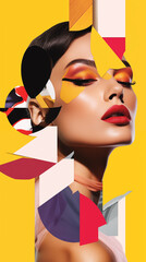 Vertical collage poster, close-up of a sensual profile of a seductive model with red lipstick and...