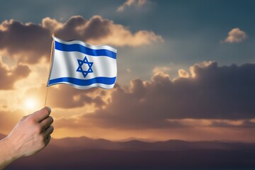 Israel flag over beautiful sky at sunset background
