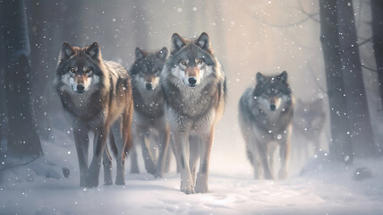 a group of wild wolves in the winter forest, wildlife