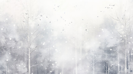white watercolor snowfall in the forest, winter abstract background illustration with copy space, greeting card form