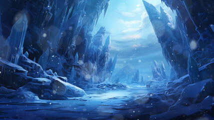 icy world, twilight in a frozen world among icy rocks snowfall, abstract cold blue landscape mountains - obrazy, fototapety, plakaty