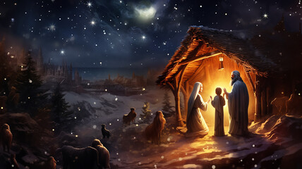 christmas nativity scene, illustration, christmas eve greeting card - obrazy, fototapety, plakaty