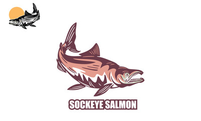 SOCKEYE SALMON KING LOGO, silhouette of great salmon fish moving vector illustrations