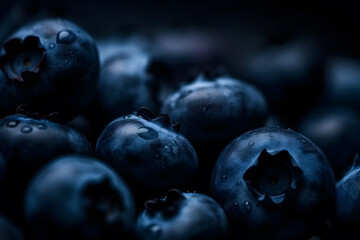 Fresh blueberry with drops of water. Top view. Concept of healthy and dieting eating. Neural network AI generated art