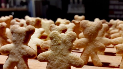 Gingerbread man, traditional handmade cookies on display in shop on blurred background. Selective focus.