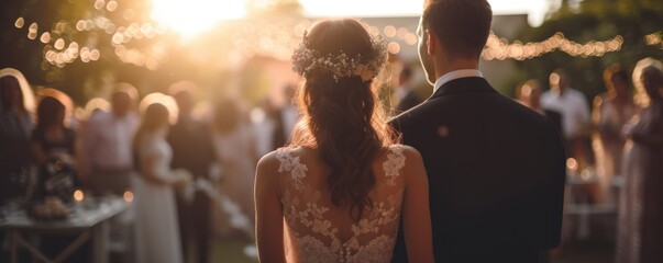 Bride and groom walking to their guests at an outdoor wedding reception - obrazy, fototapety, plakaty