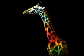 Rainbow art giraffe on a black background. Neural network AI generated art