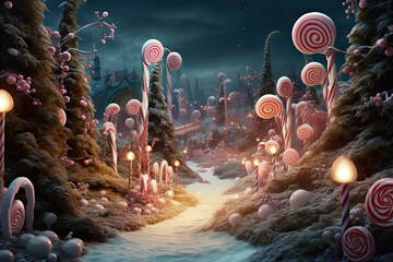 A painting of candy land at night