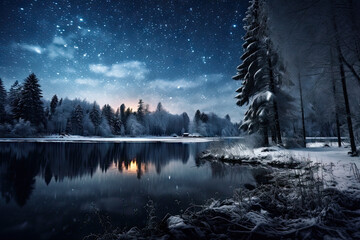 A night scene with snow covered trees and a lake - Powered by Adobe