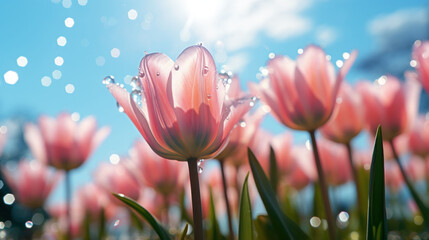 Soft pink tulips with glistening water droplets, illuminated by the gentle sunlight. A tranquil representation of spring's awakening.