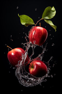 Ripe red apples in a splash of water on a dark background. Generative AI.