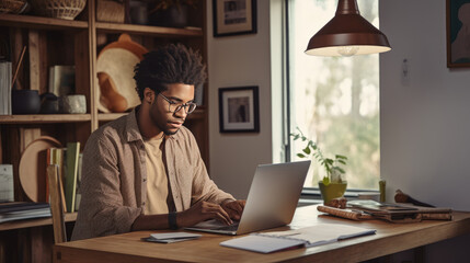 Young black male college student working on his laptop at home