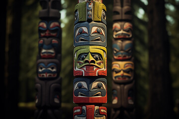 Native American totem pole, each carved figure representing ancestral spirits, animals, and cultural symbols. - obrazy, fototapety, plakaty