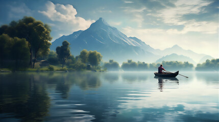 beautiful lake landscape in the morning with mountain in the background, calm water, reflection, fisherman is fishing with little wood boat, big tree with big roots on the foreground