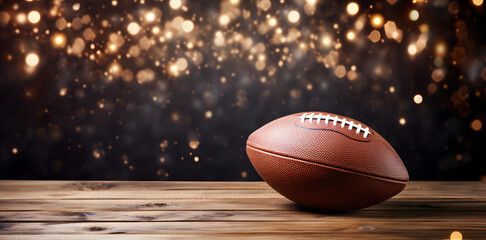 American football ball on an empty wooden table with a background of bokeh Christmas lights