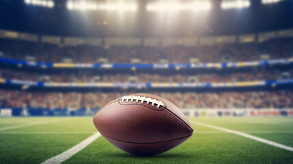 closeup of an American football ball on the grass of a stadium at night about to start a game - copyspace